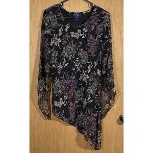 Vtg Y2K Rag Asymmetric Top Dark Floral Sheer FairyGrunge WhimsiGoth Angel Sz Lg